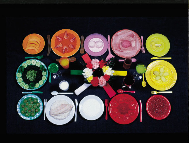 Sophie Calle "The Chromatic Diet" 1998 7 framed Iris prints, 7 stainless steel menu stands, 7 printed paper menus overall 11 3/4 x 11 3/4"