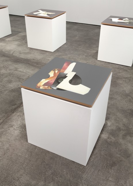 Kelley Walker Pioneer PL-518 Series (TV Paris Legs), 2014 Pantone and four-color process silkscreen with acrylic ink on MDF, latex painted pedestal 27 x 24 x 24 in. (68.6 x 61 x 61 cm) panel: 3/4 x 24 x 24 in. (1.9 x 61 x 61 cm) pedestal: 26 1/4 x 24 x 24 in. (66.7 x 61 x 61 cm)