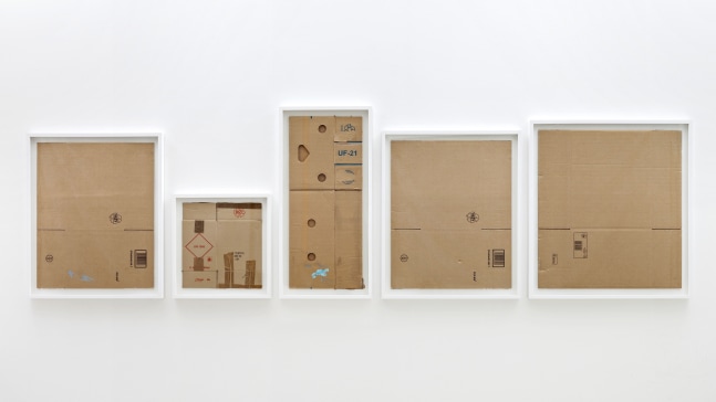 Matias Faldbakken Five Flat Boxes, 2013 5 cardboard boxes, ink, tape, wooden frames Panel A: 33 3/4 x 27 3/4 in. (85.7 x 70.5 cm) Panel B: 21 x 20 in. (53.3 x 50.8 cm) Panel C: 38 3/4 x 18 1/2 in. (98.4 x 47 cm)  Panel D: 33 3/4 x 27 3/4 in. (85.7 x 70.5 cm) Panel E: 35 1/2 x 31 3/4 in. (90.5 x 80.5 cm) Overall: 38 3/4 x 138 in. (98.4 x 350.5 cm)