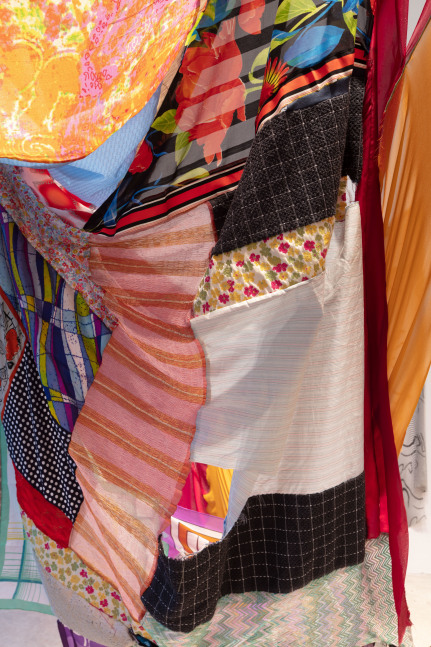 Eric N. Mack Landlord (detail), 2021 umbrella, wood flagpoles, metal brackets, fabric collage, thread dimensions variable