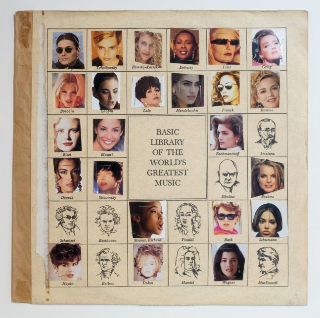 Christian Marclay Basic Library of the World's Greatest Music, 1991 altered record sleeve with collage, staples 12 x 12 1/4 in. (30.5 x 31.1 cm), frame: 17 1/8 x 17 1/8 x 1 1/2 in. (43.5 x 43.5 x 3.8 cm)