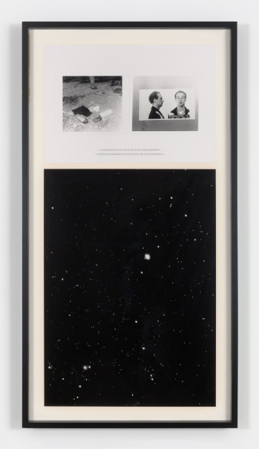 Charles Gaines NIGHT/ CRIMES: Scorpius, 1995 black & white photograph and silkscreened text frame: 68 x 35 7/8 x 3 in. (172.7 x 91.1  x 7.6 cm)