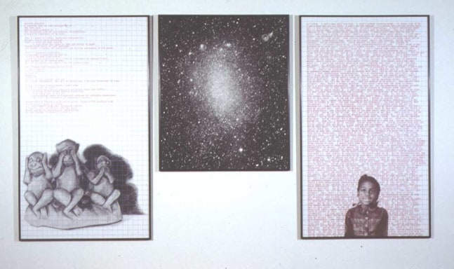 Adrien Piper &quot;Decide Who You Are #33: Private Property&quot; 1992 Panel 1: pencil drawing on graph paper enlarged to 72 11 x 42&quot; with overprinted red text. Panel 2: photograph enlarged to 50 1/2&quot; x 42&quot; Panel 3: photomontage on graph paper enlarged to 72&quot; x 42&quot; with overprinted red text.