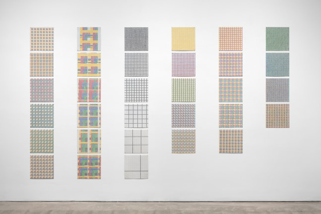 Jennifer Bartlett Grids, Series XVIII, 1971 Testors enamel, silkscreen, on 32 baked enamel steel plates 12 x 12 inches (30 x 30 cm) each overall: 89 x 132 in. (226.1 x 335.3 cm)