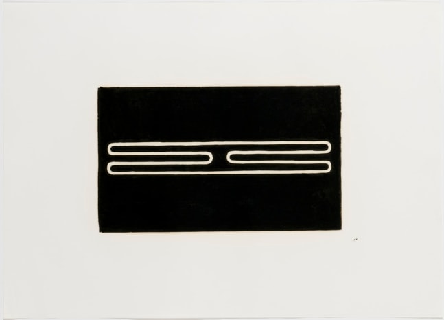 Donald Judd  Untitled (Print &quot;G&quot;), 1961-1978  woodcut in ivory black on offset paper  paper: 22 x 30 1/4 in. (55.9 x 76.8 cm)  frame: 24 x 32 1/2 x 1 3/4 in. (61 x 82.6 x 4.4 cm)  Edition of 25  signed &amp; dated verso: “RCJ&quot; - Print &quot;G&quot; Black 9/79