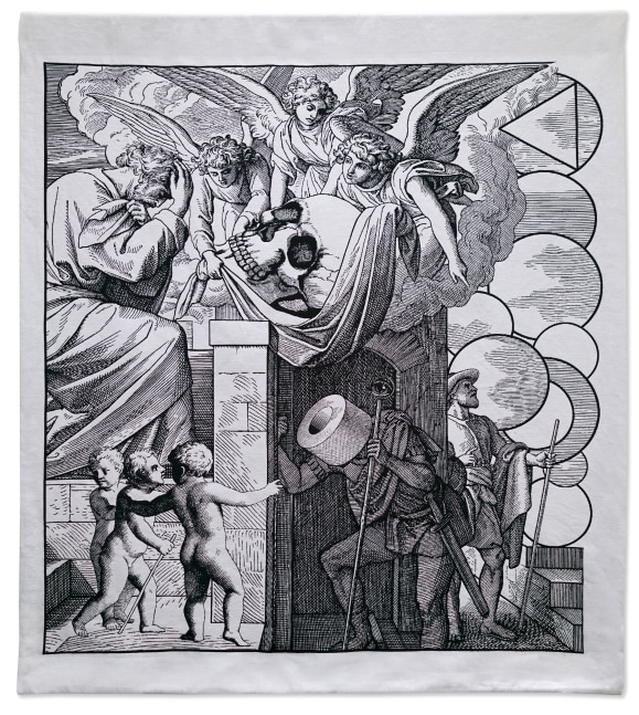 Bruce Conner AT THE HEAD OF THE STAIRS, 2003 cotton, fire-retardant polyester, and wool Jacquard tapestry 92 x 82 in. (233.7 x 208.3 cm) Edition of 6