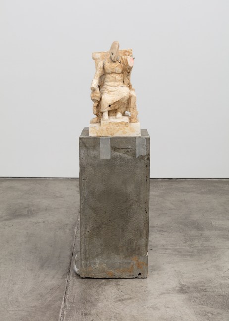 Justin Matherly Untitled (Fear, Anxiety and Joy), 2016 Modified gypsum, spray paint, acrylic paint, stainless steel, threaded rod, epoxy, concrete, ambulatory equipment figure: 17 1/2 x 9 1/2 x 9 in. (44.5 x 24.1 x 22.9 cm); base: 27 x 12 1/2 x 14 in. (68.6 x 31.8 x 35.6 cm); sculpture: 44 1/2 x 22 x 23 in. (113 x 55.9 x 58.4 cm)