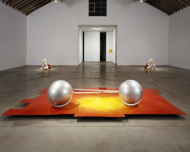 Robert Grosvenor &quot;Untitled&quot; 1999 fossil rock, sheet metal, plastic and acrylic enamel paint rock pile  left - 34 1/4 x 36 x 34 1/2&quot;; 85.6 x 90 x 86.2 cm rock pile right - 34 1/4 x 35 1/2 x 36&quot;; 85.6 x 88.7 x 90 cm platform - 5 3/4 x 176 x 89&quot;; 14.3 x 440 x 222.5 cm two plastic elements - 24 1/2 x 24 1/2 x 93&quot;; 61.2 x 61.2 x 232.5 cm each overall - 34 1/4&quot; x 31 '1 0&quot; x 28'6&quot;; 85.6 cm x 9.5 m x 8.5 m