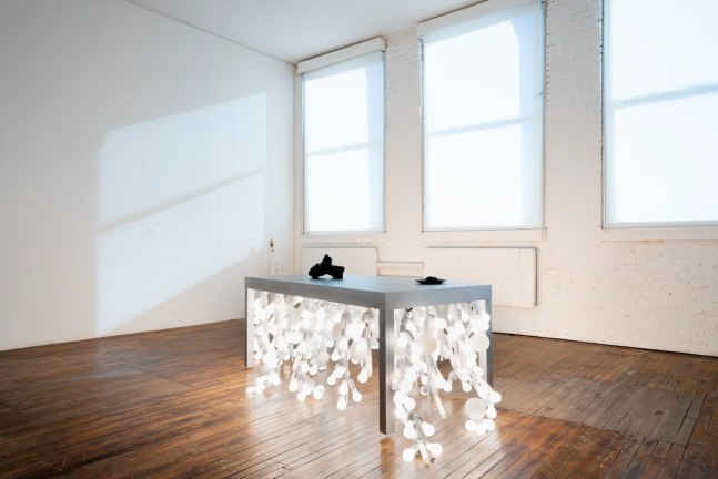 Ralph Lemon Godhead under the kitchen table, 2024 aluminum, steel, LEDs, electrical wiring, and cable table: 30 x 90 x 30 in. (76.2 x 228.6 x 76.2 cm) production: Roderick Murray, RED, 618 Design