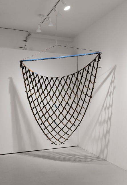 Alan Shields Singing Toy Car, 1975 acrylic paint, cotton belting, cotton thread, beads, wire 79 x 297 x 1 1/4 in. (200.7 x 754.4 x 3.2 cm)