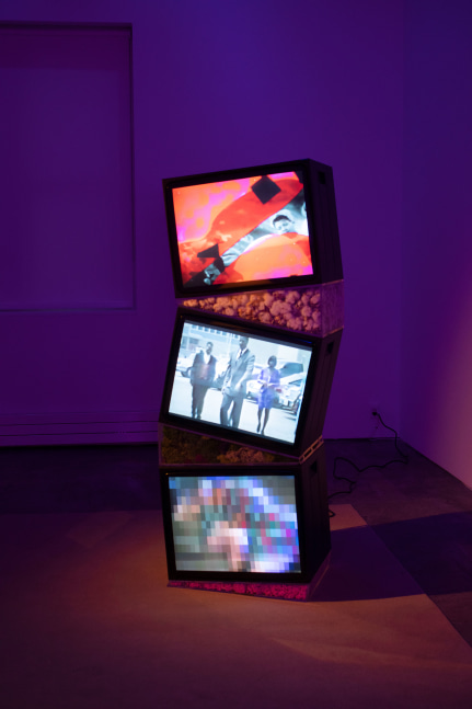 Ja'Tovia Gary, Precious Memories (Tower), 2020, HD and SD video from 16mm film on 3 CRT monitors, acrylic, dried cotton, moss, dried Helichrysum