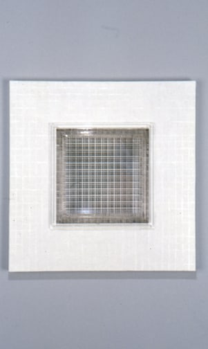 Jackie Winsor Inset Wall Piece (112" white painted grid), 2000 white concrete & plexi 14 X 14 X 5 in. (35.56 X 35.56 X 12.7 cm) inset in wall 4" deep