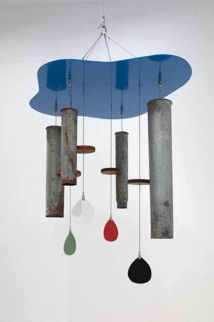 Justin Matherly Non-Vicious Circle, 2014 powder coated steel, wood, artillery shell casings, stainless steel cable (fabrication Sebastian Clough, Justin Scoltock) 55 x 49 5/8 x 41 1/4 in. (139.7 x 126 x 104.8 cm)
