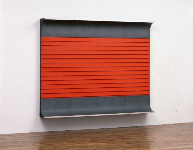 Donald Judd &quot;Untitled&quot; 1963 Light cadmium red oil and black oil on wood with galvanized iron and aluminum 76 x 96 x 11 3/4&quot;