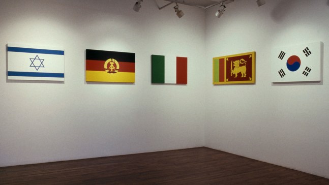 Installation view, Flags of the World, Paula Cooper Gallery, 155 Wooster Street, New York, April 2 -30, 1988. © Jonathan Borofsky. Courtesy Paula Cooper Gallery, New York. Photo: D. James Dee.