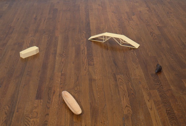 Joel Shapiro &quot;Untitled&quot; 1972 bridge: balsa wood 3&quot; x 20 1.4&quot; x 3&quot; boat: bass wood 1 5/8&quot; x 11 5/8&quot; x 2 5/8&quot; coffin: balsa wood 1 3/4&quot; x 7 1/16&quot; x 2 3/4&quot; bird: bronze 1 3/4&quot; x 3 3/4&quot; x 2 3/4&quot;