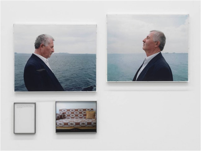 Sophie Calle The Last Image. Blind with couch, 2010 color photograph under plexiglass, two color photographs in metal frames, text in metal frame framed photo: 31.1 x 41 x 3.2 cm framed text: 11 7/8 x 8 1/2  x 1 1/4 in. (30.2 x 21.6 x 3.2 cm) photos under plexiglass, ea: 25 7/8 x 32 3/8 x 1 7/8 in. (65.7 x 82.2 x 4.8 cm) Edition 2 of 3, +1 AP