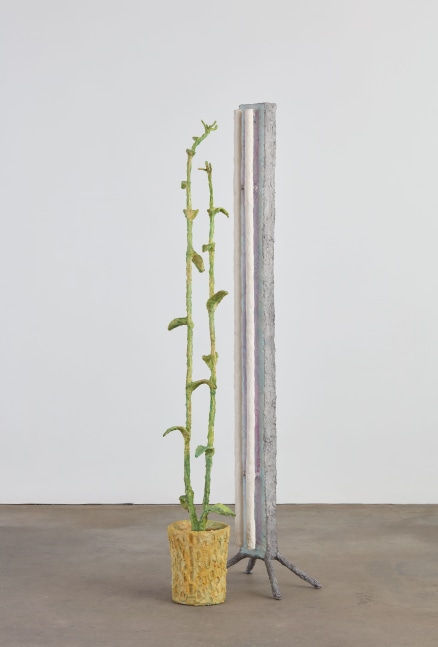 Evan Holloway Vertical Fluorescent, 2017 steel, cardboard, CelluClay, Cel-vinyl and acrylic lamp: 78 x 18 x 12 in. (198.1 x 45.7 x 30.5 cm) plant: 74 1/2 x 12 x 12 in. (189.2 x 30.5 x 30.5 cm)