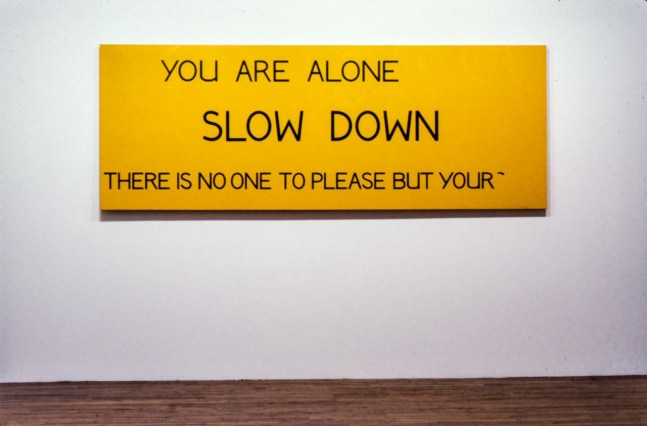 Jonathan Borofsky &quot;You are alone Slow Down There is No One to Please but Your&quot; 1973 Acrylic on canvas 54 1/4&quot; x 144 1/4&quot;