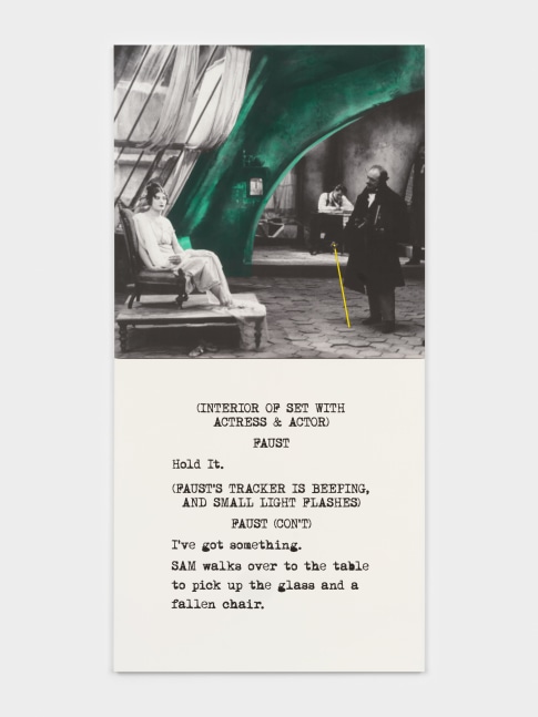 John Baldessari
Scene ()/Take(): Hold it., 2014
varnished inkjet print and acrylic paint on canvas
each: 53 1/8 x 52 7/8 in. (134.9 x 134.1 cm)
overall: 106 1/4 x 52 7/8 in. (269.9 x 134.1 cm)
© John Baldessari 2014. Courtesy Estate of John Baldessari © 2023
Courtesy John Baldessari Family Foundation
Courtesy Sprüth Magers
Photo: Steven Probert