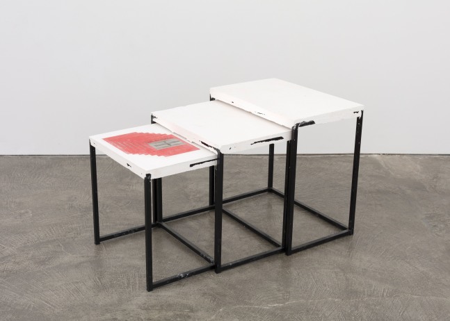 Matias Faldbakken Nesting Tables (The Errand), 2016 nesting tables, synthetic plaster, steel wire, Lascaux UV-glue, 7 prints on newsprint 23 3/8 x 23 5/8 x 39 3/8 in. (59.4 x 60 x 100 cm)