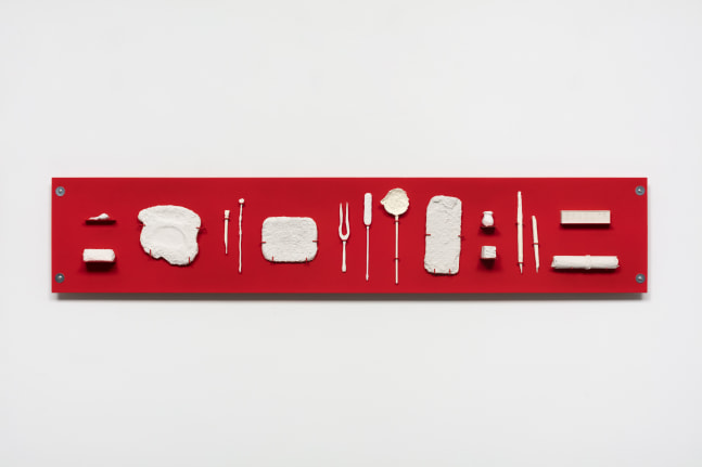 Liz Glynn To Write, 2016/2017 Sixteen 3-D printed gypsum and nylon elements on powder-coated steel 15 x 77 1/2 x 4 in. (38.1 x 196.9 x 10.2 cm) steel plate: 15 x 77 1/2 x 3/16, (38.1 x 196.9 x .4 cm)