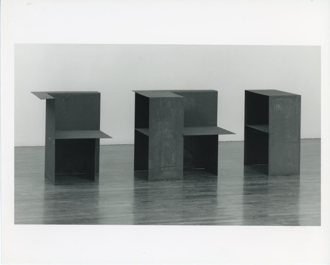 Donald Judd &quot;Prototype Chairs&quot; Rusted steel left: 30 1/8&quot; x 25 5/8&quot; x 25 5/8&quot; middle: 30 1/8&quot; x 33 1/2&quot; x 15 3/4&quot; right: 30 1/8&quot; x 13 1/16&quot; x 24 3/8&quot;