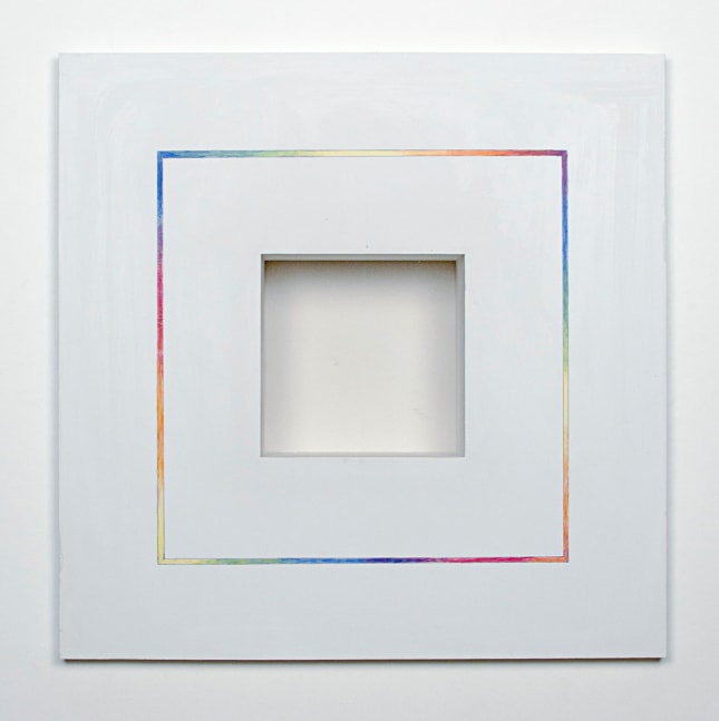 Jackie Winsor Inset Wall Piece White with Four Color Spectrum Drawing, 1995 plaster and color pencil 18" x 18" x 4 1/2"