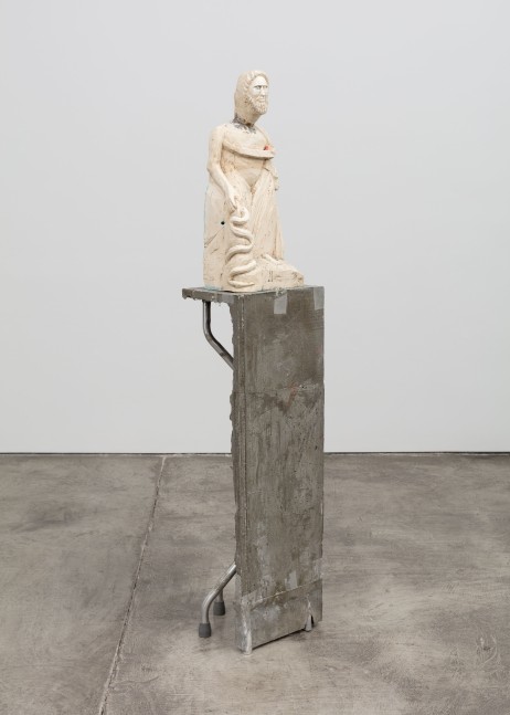 Justin Matherly Untitled (Fear, Anxiety and Joy), 2016 Modified gypsum,spray paint, epoxy, concrete, ambulatory eqipment figure: 24 1/2 x 10 x 7 1/2 in. (62.2 x 25.4 x 19.1 cm); base: 41 1/2 x 13 x 12 in. (105.4 x 33 x 30.5 cm); sculpture: 66 x 23 x 19 1/2 in. (167.6 x 58.4 x 49.5 cm)
