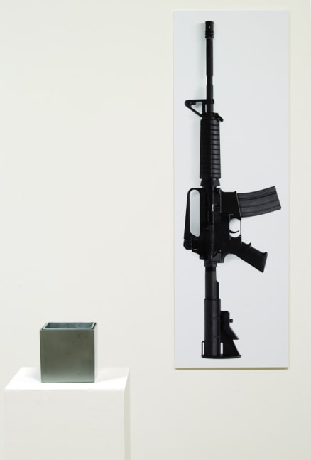 Meg Webster "Melted Weapon Box" 2008 Steel, aluminum, photograph box: 4 3/8 x 4 3/8 x 4 3/8 in.  photograph: 11 3/4 x 36 3/4 in.
