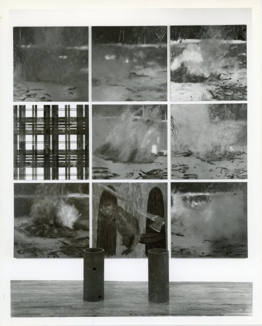 Jennifer Bartlett &quot;The House Was Quiet and the World Was Calm&quot; 1989 Painting: Oil on nine canvases 36&quot; x 36&quot; each 111&quot; x 111&quot; overall Cylinders: 1/2&quot; gauge steel pipe 1 with 5 holes 20&quot; x 8 5/8&quot; diameter each