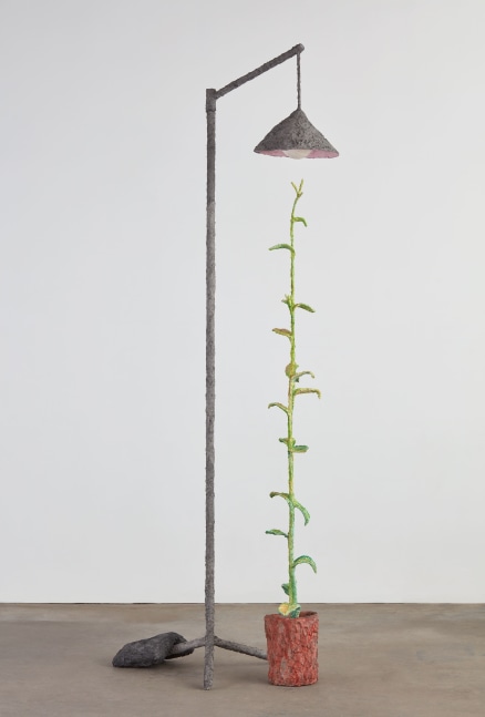 Evan Holloway Indoors, 2017 steel, cardboard, CelluClay, Cel-vinyl and acrylic lamp: 110 1/2 x 28 x 45 in. (280.7 x 71.1 x 114.3 cm) plant: 87 x 13 1/2 x 13 1/2 in. (221 x 34.3 x 34.3 cm)