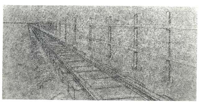 Richard Artschwager "Railroad tracks and fence" 1973 Acrylic on celotex 26 3/8 x 50 in.