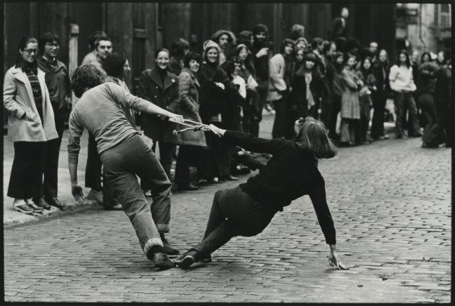 Trisha Brown and Carol Goodden performing Trisha Brown's "Leaning Duet", Wooster st., 1970, 1970 gelatin silver print
