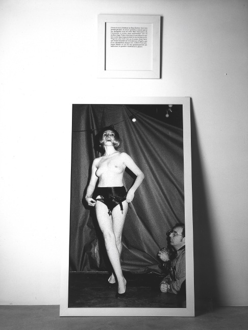 Sophie Calle "The Striptease" 1989 Black & white photograph with text panel photograph: 67 3/8 x 39 3/8" text panel: 19 5/8 x 19 5/8"