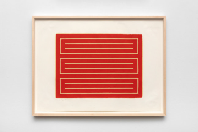 Donald Judd "Untitled" 1962-79 Woodcut in cadmium red on offset paper 21 15/16" x 29 1/4"