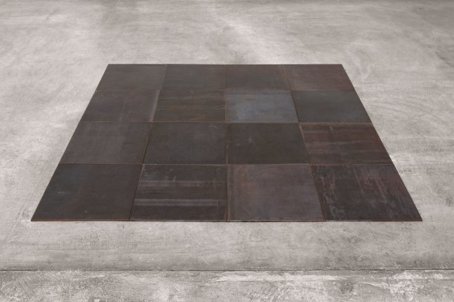 Carl Andre
4th Steel Square, 2008
16 hot-rolled steel plates
each: 3/8 x 19 11/16 x 19 11/16 in. (1 x 50 x 50 cm)
overall: 3/8 x 78 3/4 x 78 3/4 in. (1 x 200 x 200 cm)