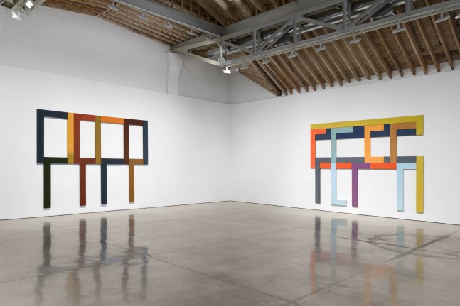 Installation view of Asturias 1 (2022) and Asturias 2 (2022) in David Novros: Wall Paintings, Paula Cooper Gallery, New York, October 28 - December 2, 2023.