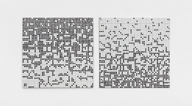 Jennifer Bartlett, Positive Negative Series #3, 1971, enamel over silkscreen grid on baked enamel, steel plates, overall: 12 x 24 in. (30.5 x 61 cm), 2 steel plates, each:12 x 12 in. (30.5 x 30.5 cm)