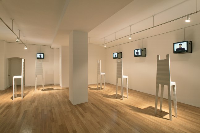 Robert Wilson Deafman Glance: A Video Installation, 1991 video, 6 television monitors with metal shelves, wood chairs and enamel paint, 6 chairs 81 x 20 3/4 x 14 3/4 inches (205.7 x 52.7 x 37.5 cm) each video running time: 26:53 minutes Edition of 1, 1 AP
