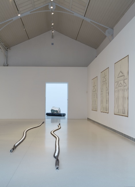 nstallation view of Ovaie (1988), Ogni ordine è contemporaneo d’ogni altro ordine. Quattro modi di esaminare la facciata del SS. Redentore a Venezia (Palladio) (1972-73), and Il giorno mi pesa sulla notte IV (1994-2000) in Luciano Fabro, Museo Nacional Centro de Arte Reina Sofía, Madrid, November 27, 2014 – April 12, 2015.
