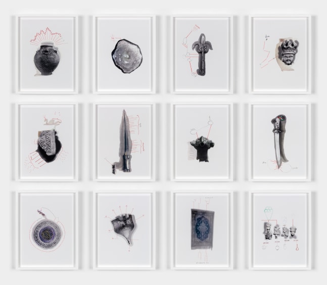 WALID RAAD / THE ATLAS GROUP Preface to the fifth edition, 2014 archival inkjet prints 12 plates, each: 16 1/2 x 13 in. (42 x 33 cm) each frame: 16 1/2 x 13 x 1 1/2 in. (1.3 x 33 x 3.8 cm) overall: 53 1/2 x 58 x 1 1/2 in. (135.9 x 147.3 x 3.8 cm) Edition 4 of 5, 2 APs