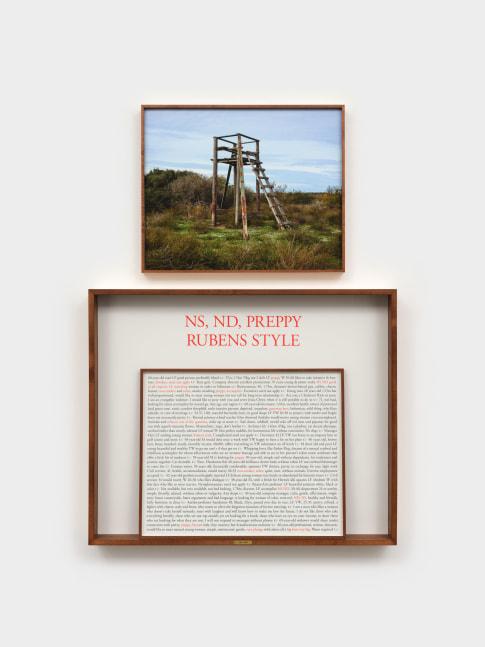 Sophie Calle, On the Hunt, Men Seeking Women 1990–2000 (NS, ND, Good In All Respects, Preppy, Rubens Style), 2024, one text panel and two photographs (color, black and white) in a double-sided frame. © 2025 Sophie Calle / Artists Rights Society (ARS), New York / ADAGP, Paris. Courtesy of Sophie Calle and Paula Cooper Gallery, New York. Photo: Steven Probert