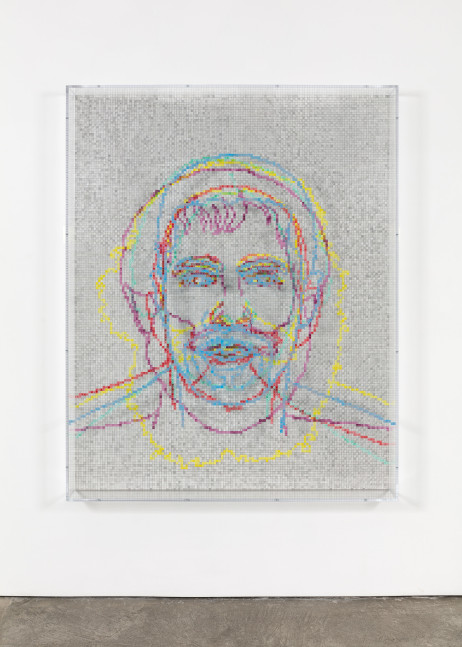 Charles Gaines Faces 1: Identity Politics, #5, Malcolm X, 2018 acrylic sheet, acrylic paint, lacquer, wood 74 x 59 1/8 x 5 3/4 in. (188 x 150.2 x 14.6 cm)