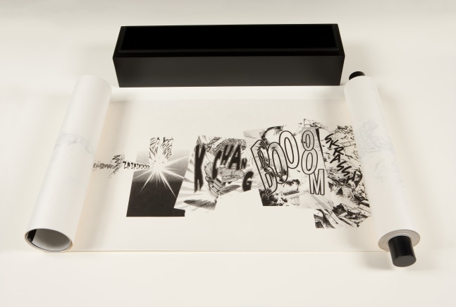 Christian Marclay Manga Scroll, 2010 Hiromi Paper Gampi white, scroll cover Asahi Black raw silk book cloth, wood Paper: 16 x 787 1/2 in. (40.6 x 2000.3 cm) Scroll: 19 x 3 x 3 in. (48.3 x 7.6 x 7.6 cm) Edition 1 of 5, 1 AP, 1 USF proof