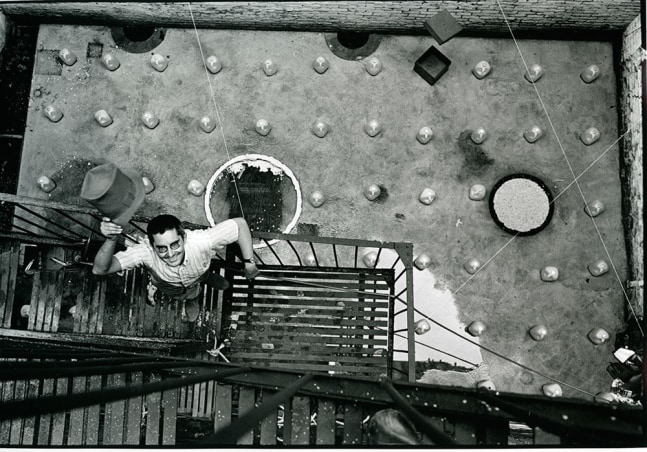 Peter Moore "George Maciunas, backyard, 80 Wooster Street, NY" June 4, 1970 Gelatin silver print 8 x 12 in.