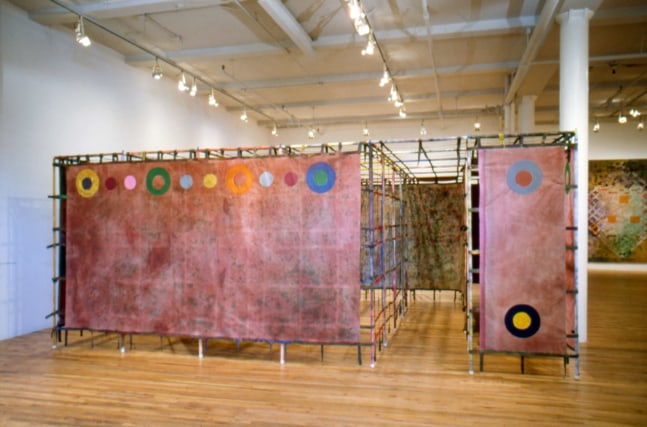 Alan Shields &quot;Maze&quot; 1981-82 Acrylic, thread on canvas, cotton belting, velcro, aluminum pipe 7'3&quot; x 18'3&quot; x 18'3&quot;