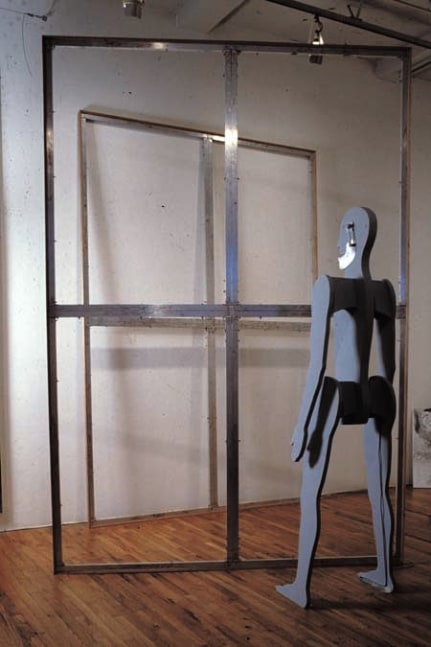 Jonathan Borofsky &quot;Chattering Man with 2 Stretcher Frames at 2,845,313&quot; 1983 Aluminum, wood stretchers 128 x 88 1/2 in Man: Aluminum, bondo, electric motor, speaker 80 x 23 x 13 in