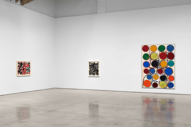 Installation view, Atsuko Tanaka, Yayoi Kusama,  Paula Cooper Gallery, New York, May 8 - June 14, 2025. Courtesy Paula Cooper Gallery, New York. Photo: Steven Probert.