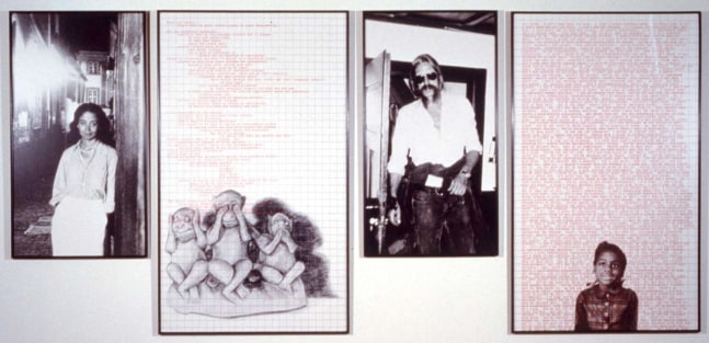 Adrien Piper &quot;Decide Who You Are #27: Test Tube Babies&quot; 1992 Panel 1: photograph enlarged to 54 3/4 11 x 30 11 Panel 2: pencil drawing on graph paper enlarged to 72&quot; x 42 11 with overprinted red text Panel 3: Photograph enlarged to 54 3/4 11 x 30 11  Panel 4: photomontage on graph paper enlarged to 72 11 X 42 11